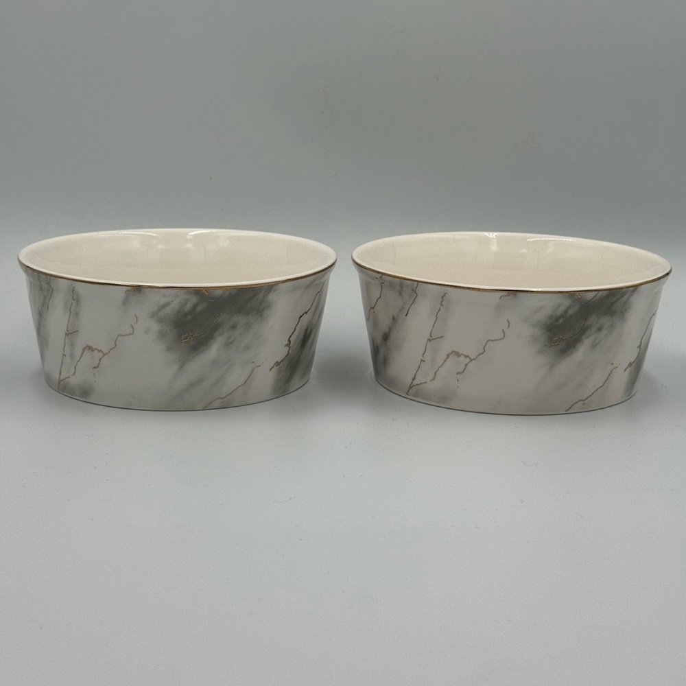 2 Fido’s Diner Pet Bowls Beautiful Gray & Gold Marble Design